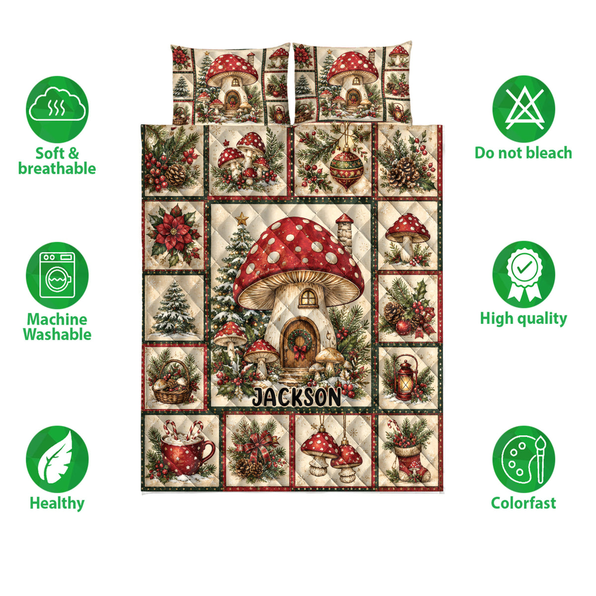 Mushroom quilt bedding set shown with red toadstools, festive greenery, ornaments, and a holiday woodland print