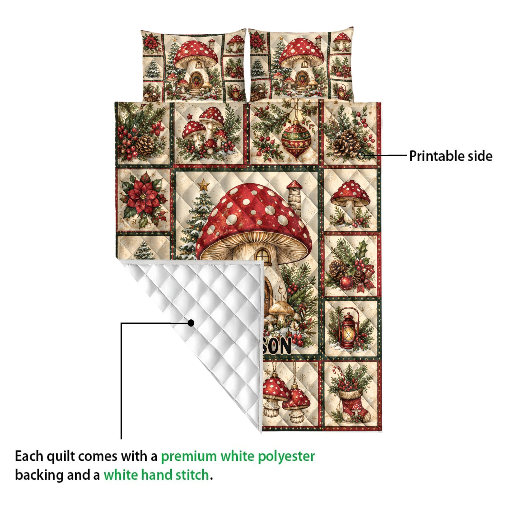 Mushroom quilt showing a colorful printed front and white quilted backing with a festive woodland pattern