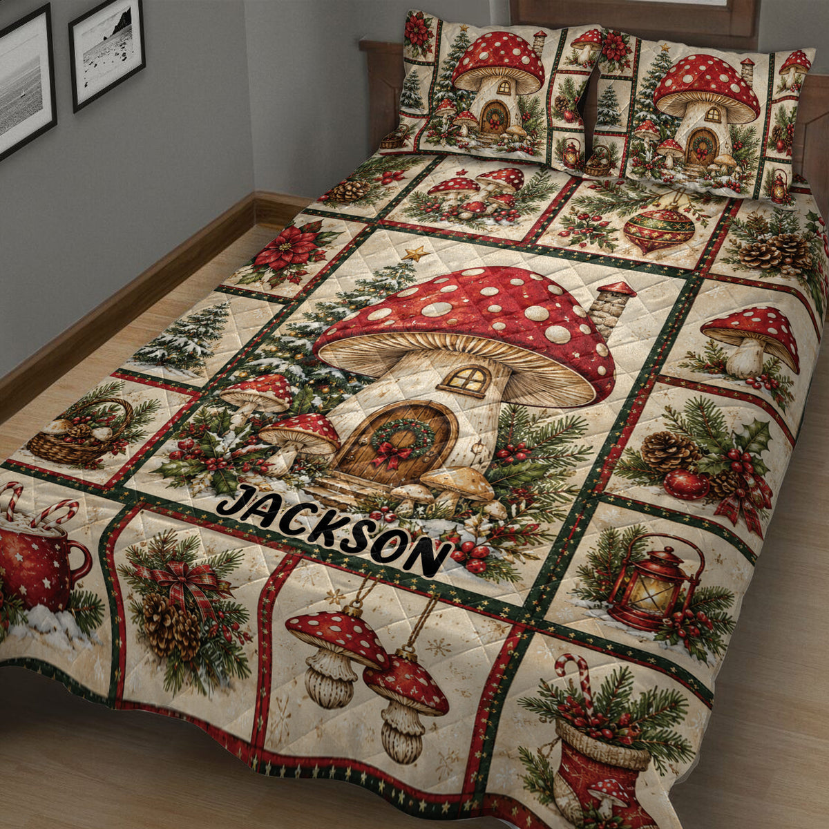 Close bedroom view of a mushroom quilt blanket featuring a large red toadstool, holiday greenery, and woodland scenes