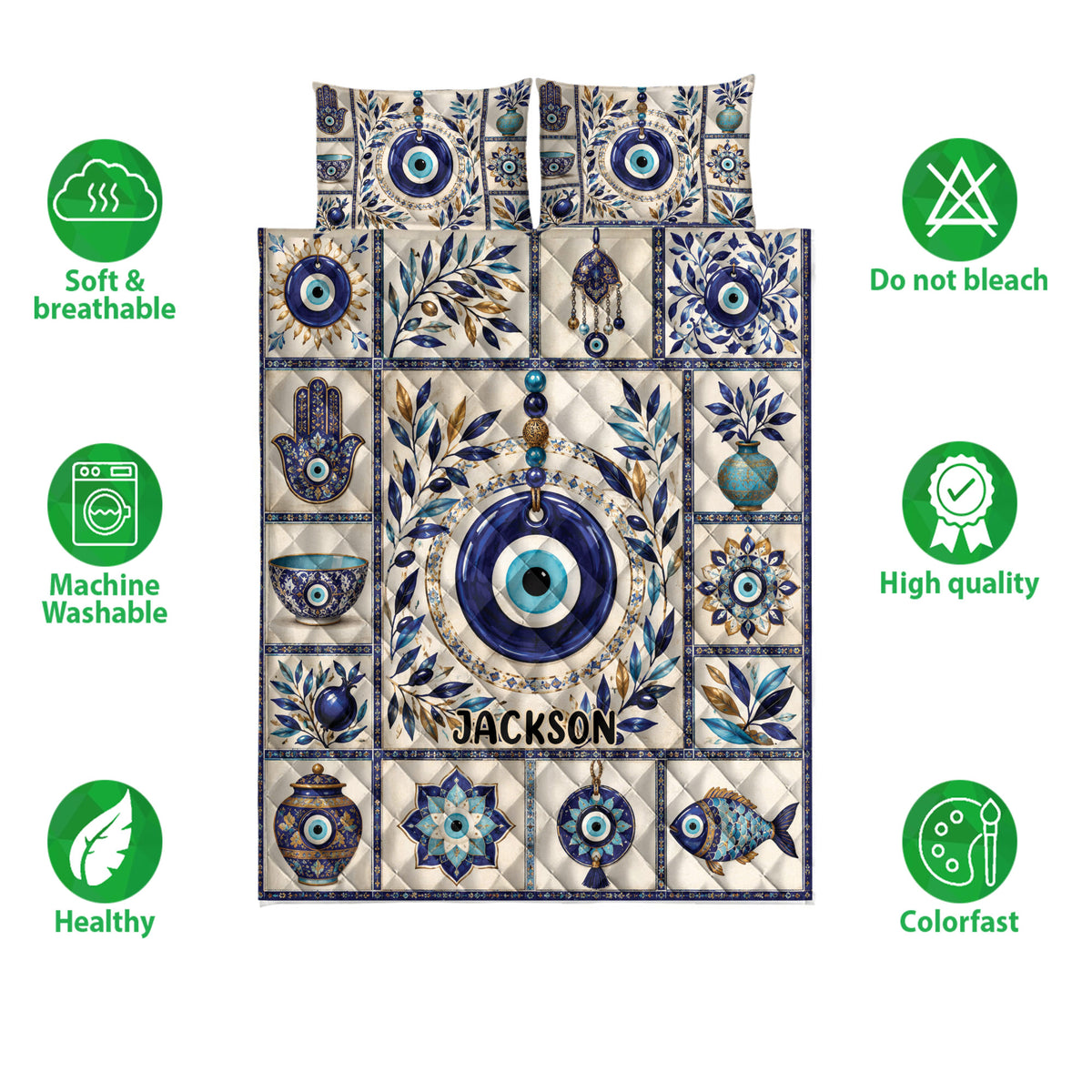 Evil Eye quilt bedding set shown flat with blue protective eye artwork and surrounding product feature icons