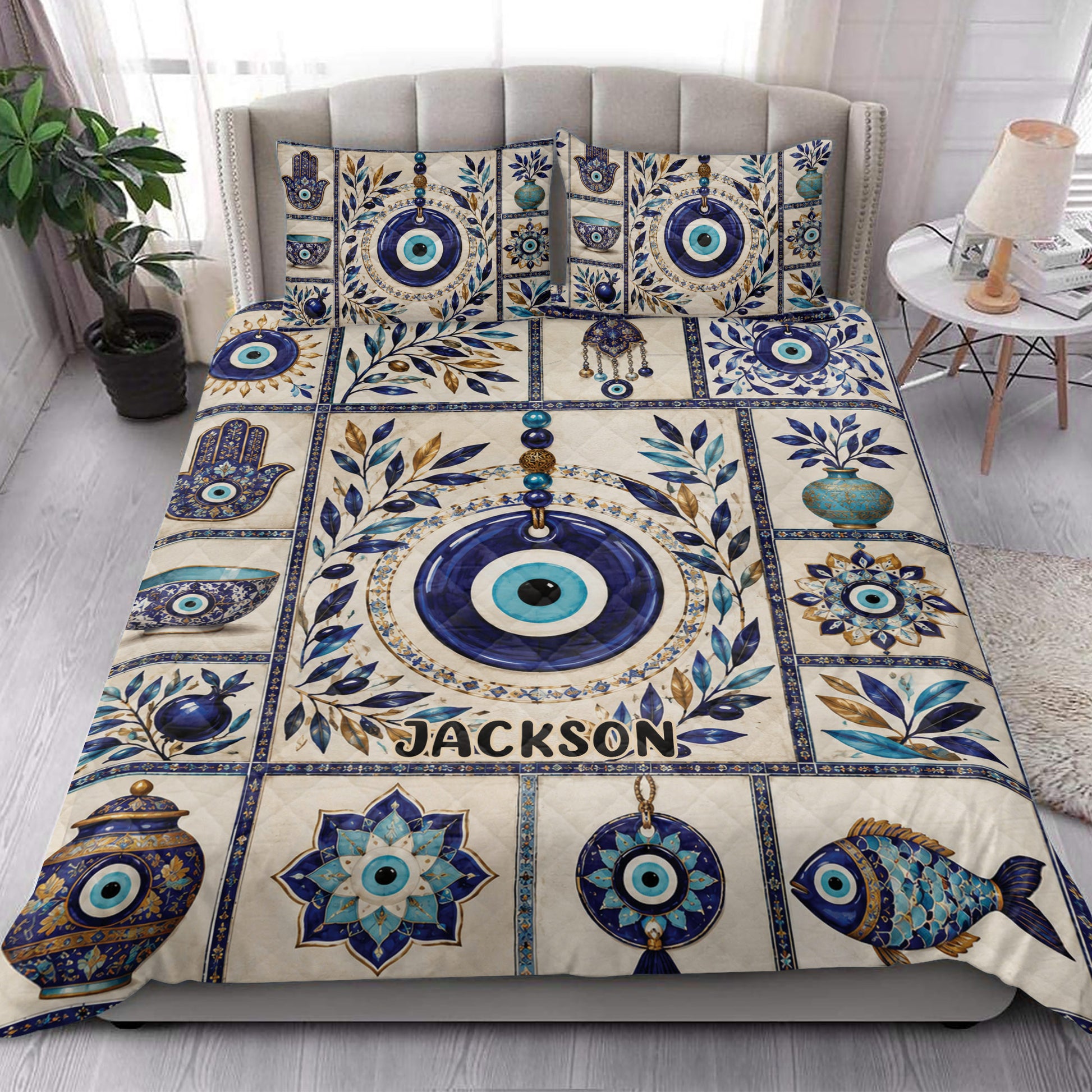 Evil Eye quilt bedding set styled in a bright bedroom with blue eyes, botanical details, and bohemian decor