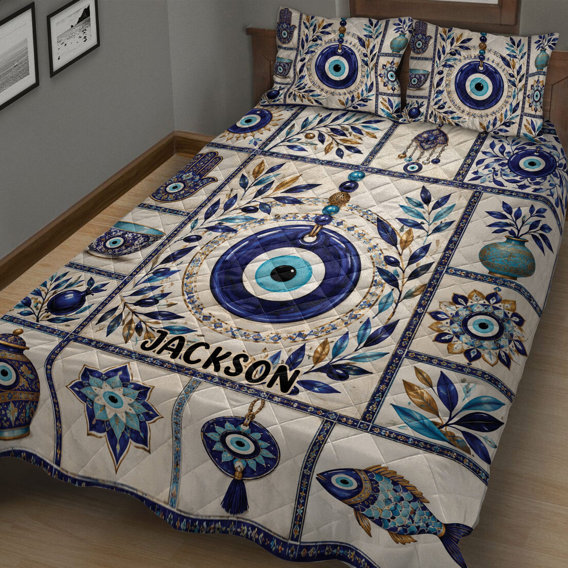Evil Eye quilt blanket displayed in a cozy bedroom with blue protective symbols, floral accents, and decorative pottery