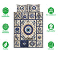 Evil Eye quilt bedding set shown with blue floral eye motifs and product feature icons