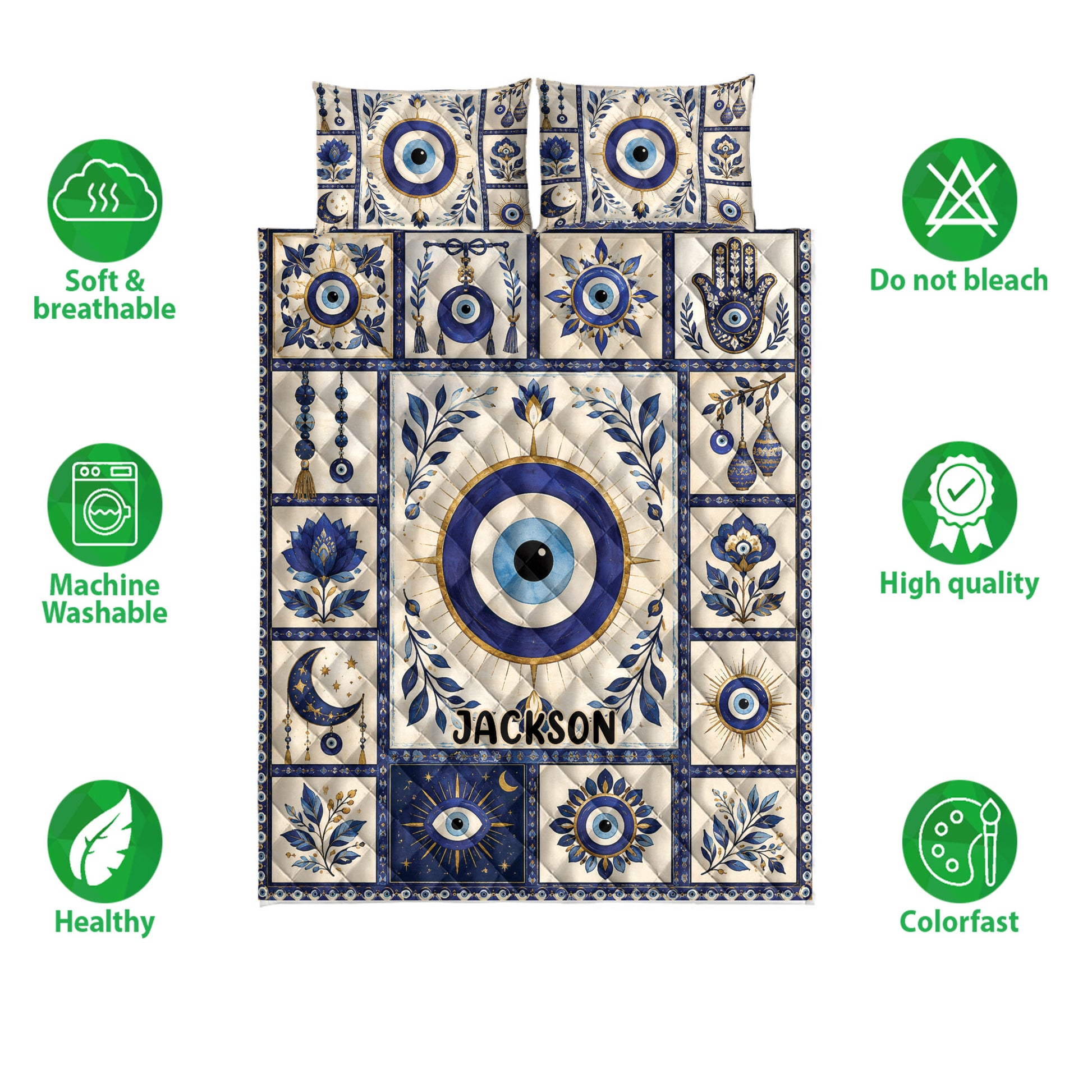 Evil Eye quilt bedding set shown with blue floral eye motifs and product feature icons