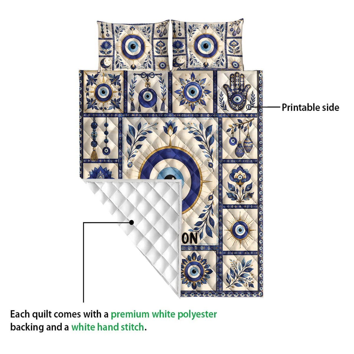 Evil Eye quilt showing its printed front and white diamond-quilted backing