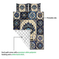 Evil Eye quilt showing the printed front, white quilted backing, and ornate blue decorative pattern