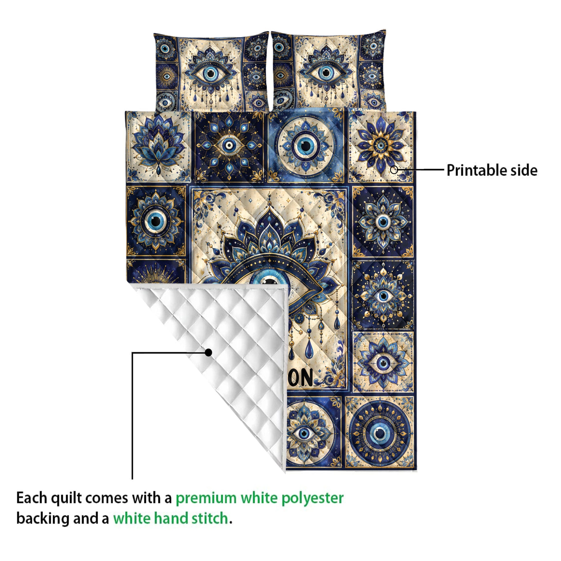 Evil Eye quilt showing the printed front, white quilted backing, and ornate blue decorative pattern