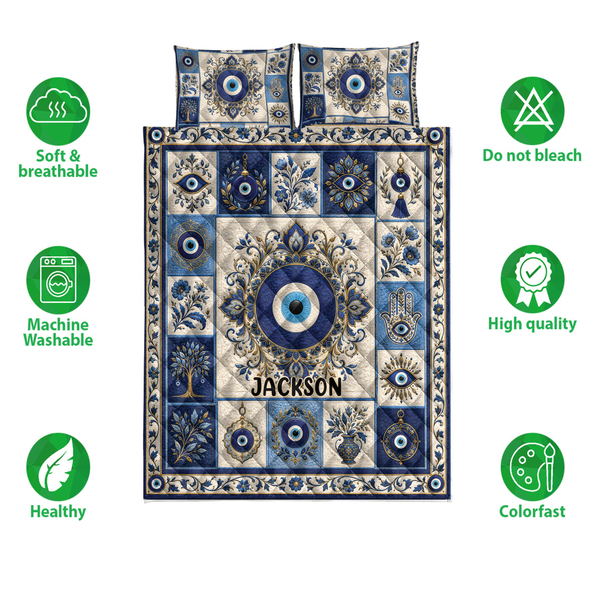 Evil Eye quilt bedding set shown with repeating nazar symbols, floral accents, and feature icons