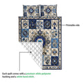 Evil Eye quilt blanket shown with a printed front and white quilted backing