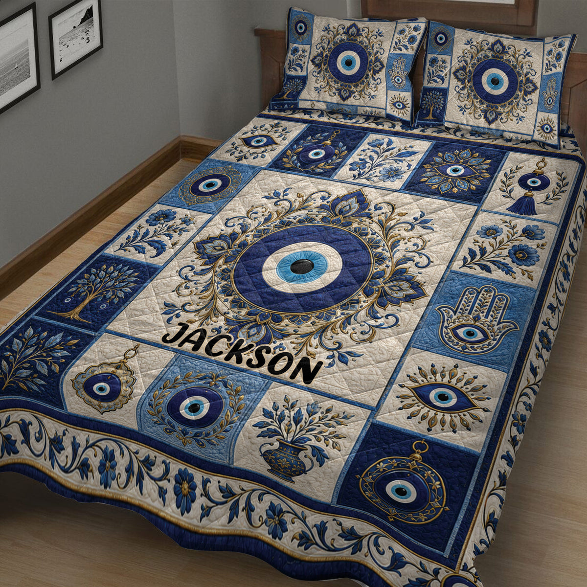Close view of Evil Eye quilt bedding with ornate floral panels and repeated blue nazar symbols