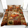 Autumn pumpkin quilt blanket displayed on a bed with maple leaves, apples, lanterns, and harvest artwork