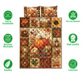 Autumn harvest quilt blanket with pumpkins, sunflowers, maple leaves, apples, and fall landscape panels