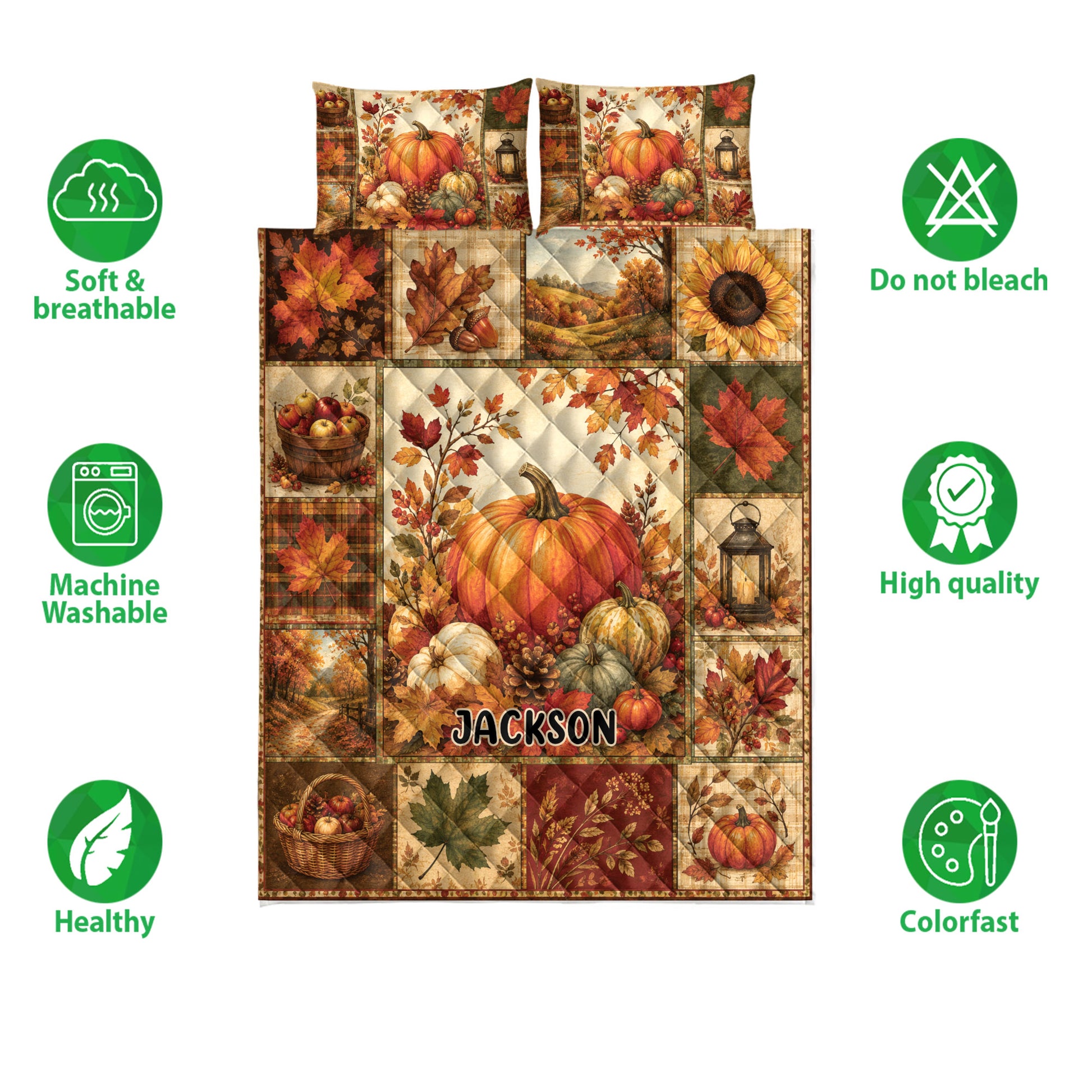 Autumn harvest quilt blanket with pumpkins, sunflowers, maple leaves, apples, and fall landscape panels