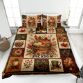 Autumn quilt blanket displayed on a bed with pumpkins, fall leaves, sunflowers, berries, and harvest artwork