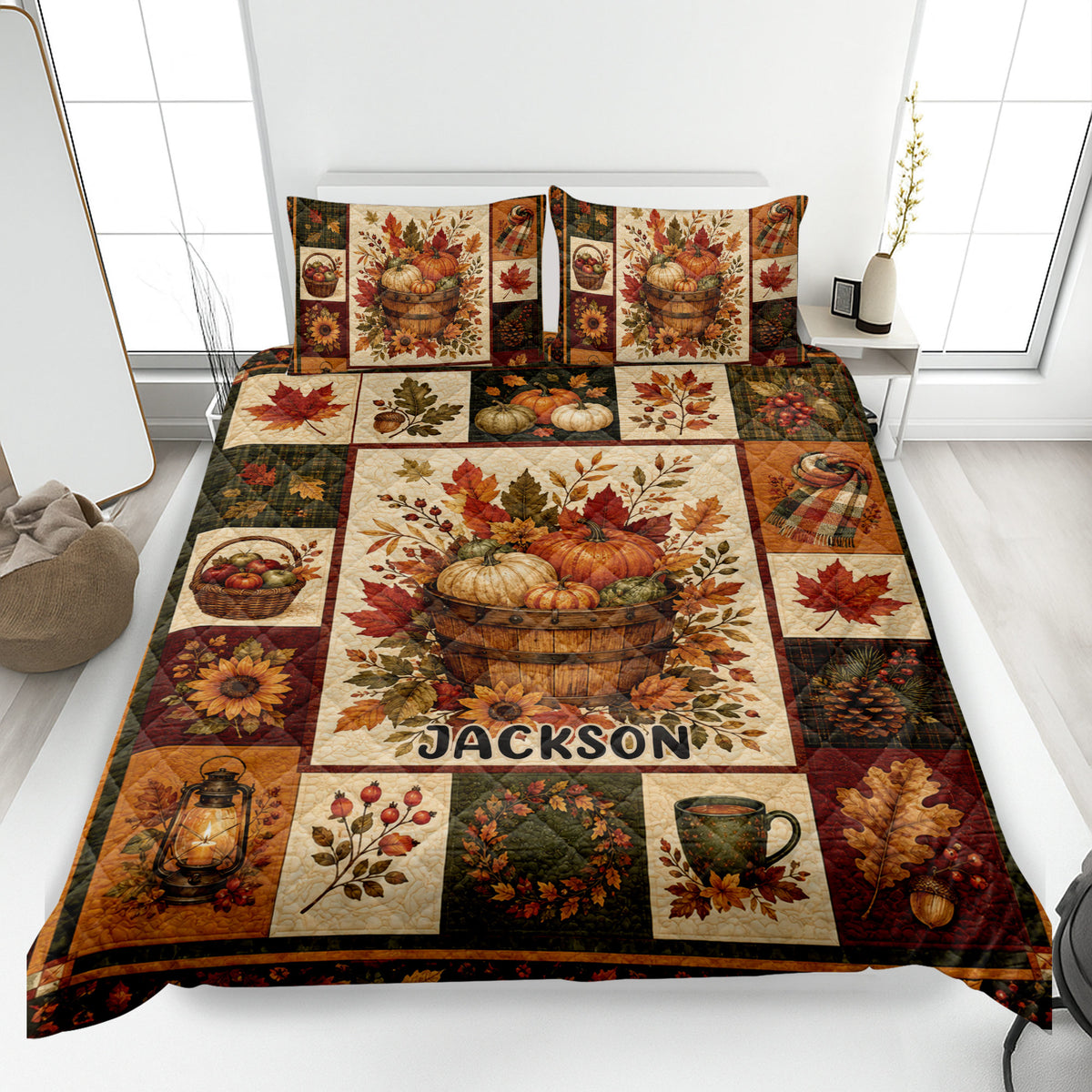 Autumn quilt blanket displayed on a bed with pumpkins, fall leaves, sunflowers, berries, and harvest artwork