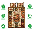 Autumn harvest quilt bedding set with pumpkin basket artwork, fall leaves, and soft breathable feature icons