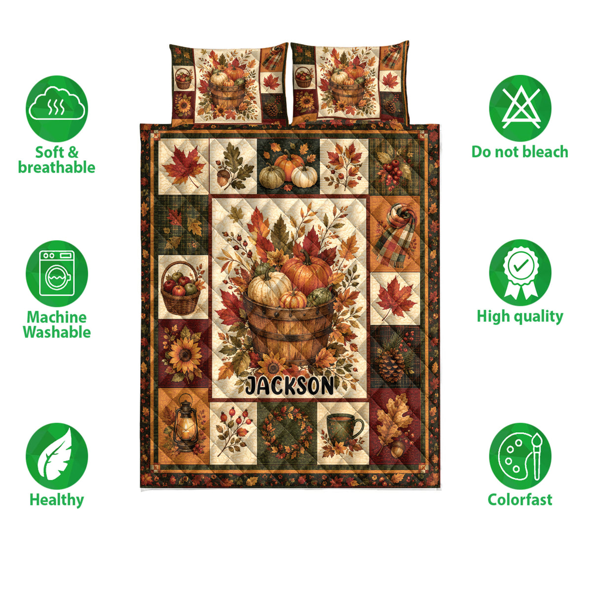 Autumn harvest quilt bedding set with pumpkin basket artwork, fall leaves, and soft breathable feature icons