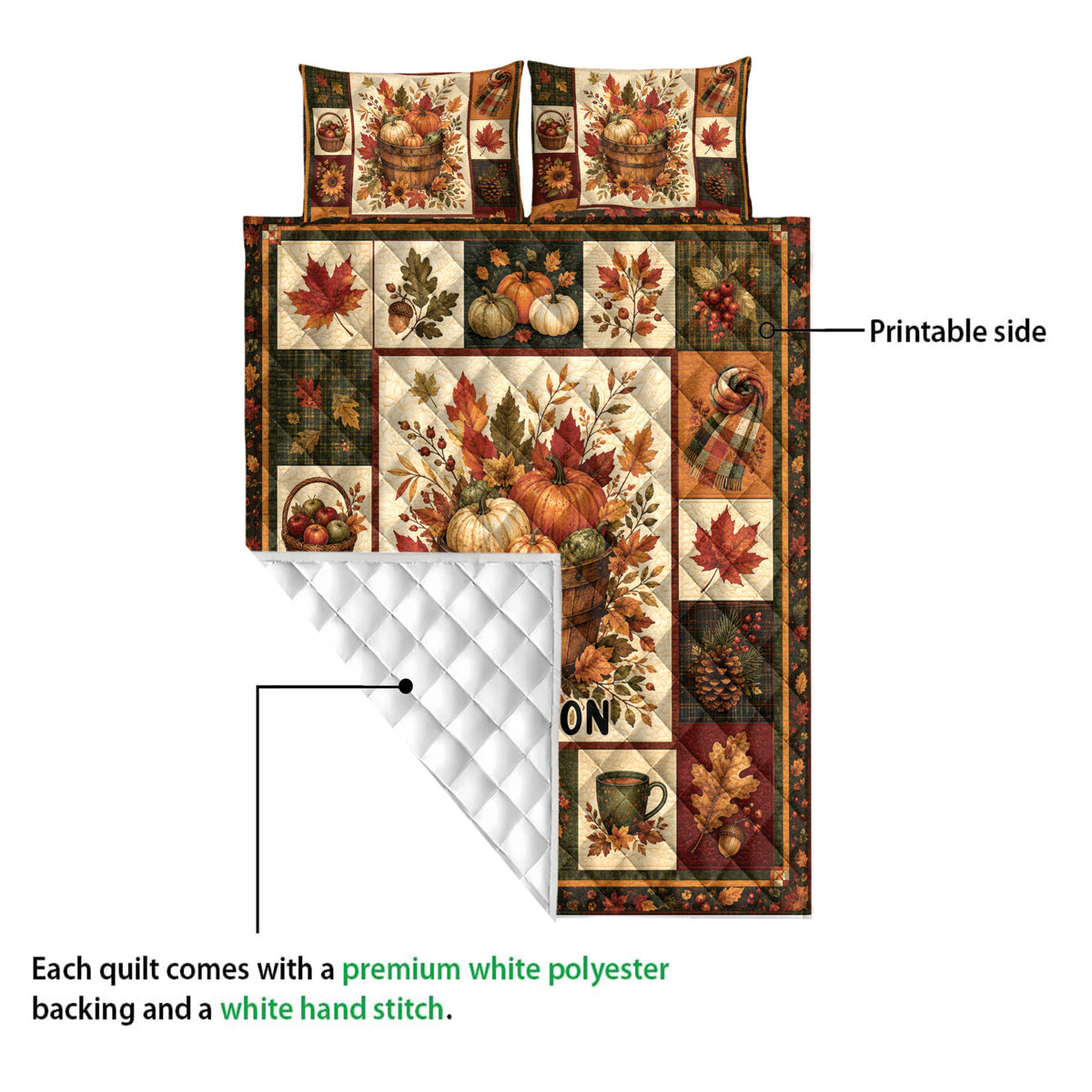 Autumn quilt showing the printed harvest side and white diamond-stitched backing