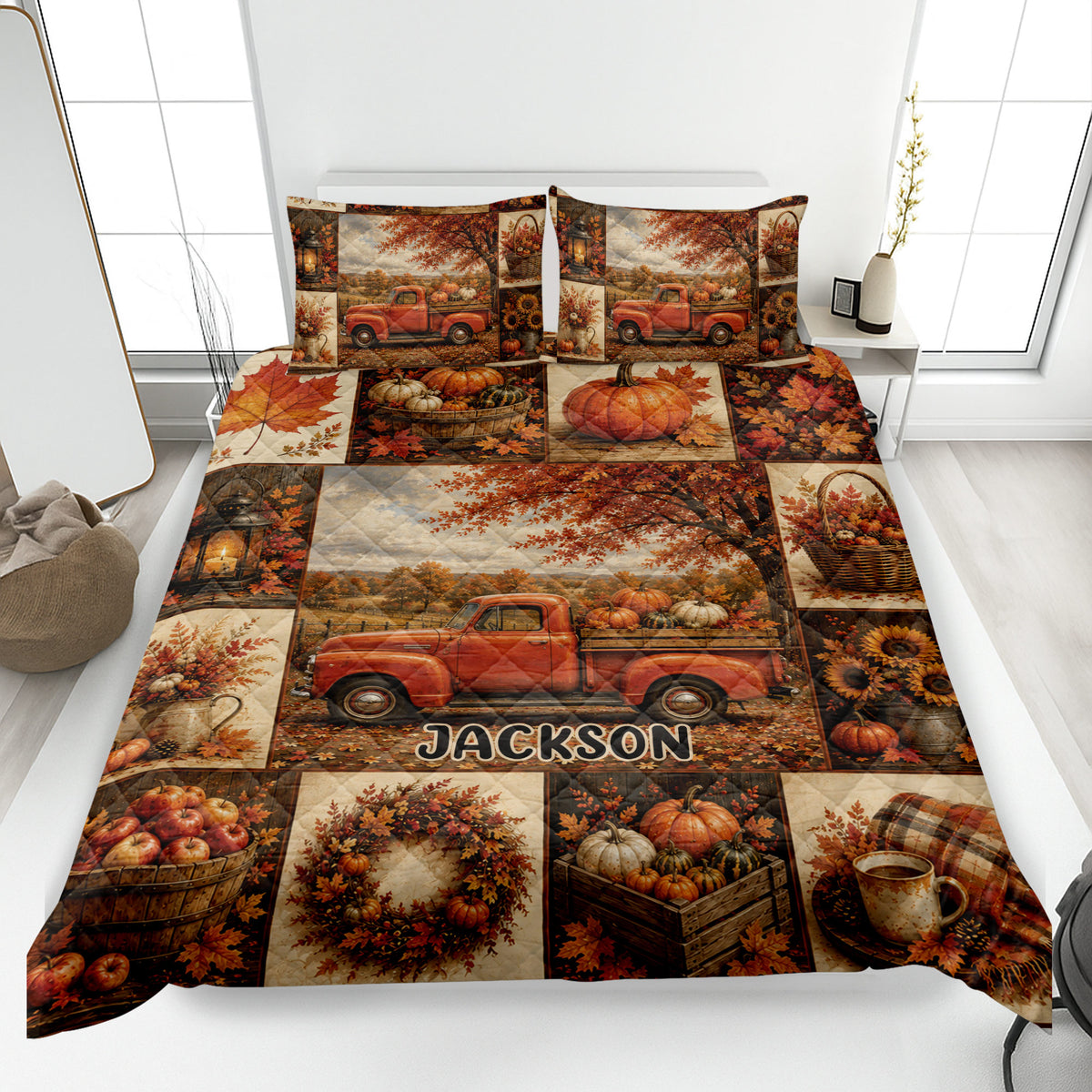 Autumn quilt blanket on a bed with pumpkins, falling leaves, sunflowers, and a vintage red farm truck