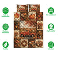 Autumn harvest quilt bedding set shown with pumpkins, leaves, vintage truck artwork, and feature icons