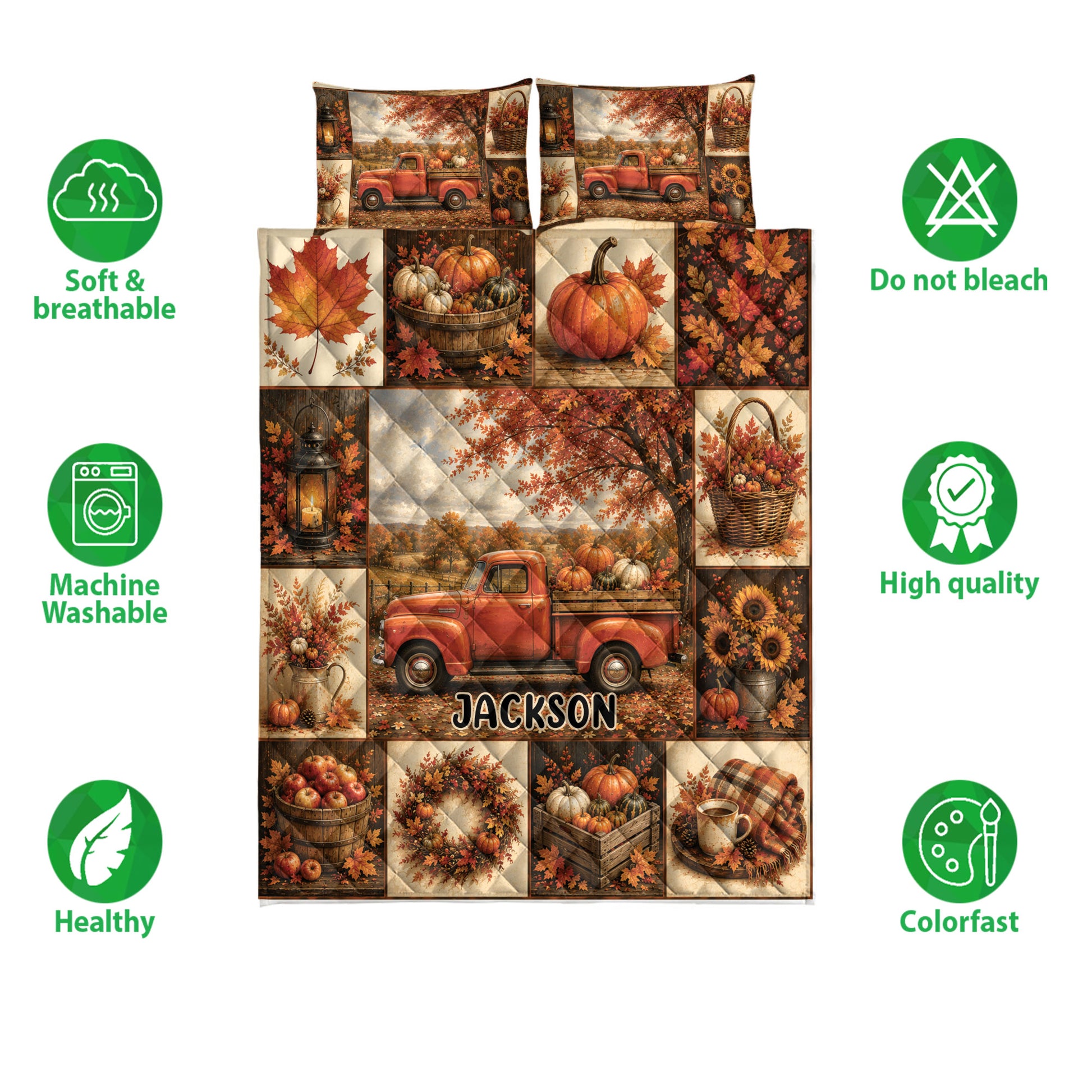 Autumn harvest quilt bedding set shown with pumpkins, leaves, vintage truck artwork, and feature icons