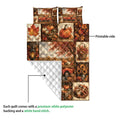 Autumn quilt blanket detail showing printed harvest artwork, quilted backing, pumpkins, leaves, and farm truck