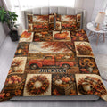 Autumn harvest quilt blanket styled in a bedroom with pumpkins, maple leaves, sunflowers, and vintage truck scenes