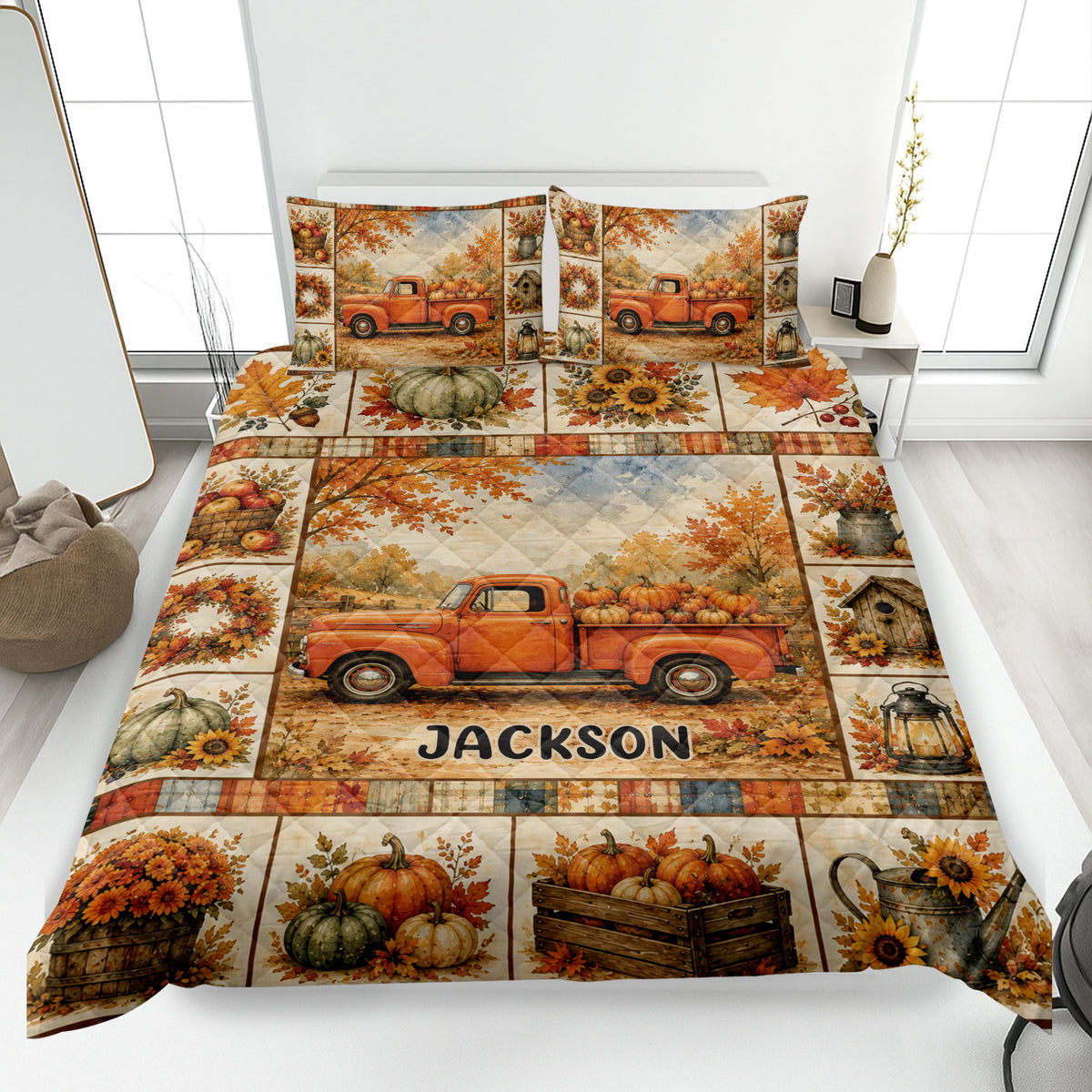 Autumn quilt blanket featuring a vintage orange pickup truck, pumpkins, sunflowers, and falling leaves on a bed