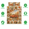 Autumn pickup truck quilt bedding set displayed with pumpkins, sunflowers, harvest leaves, and product feature icons
