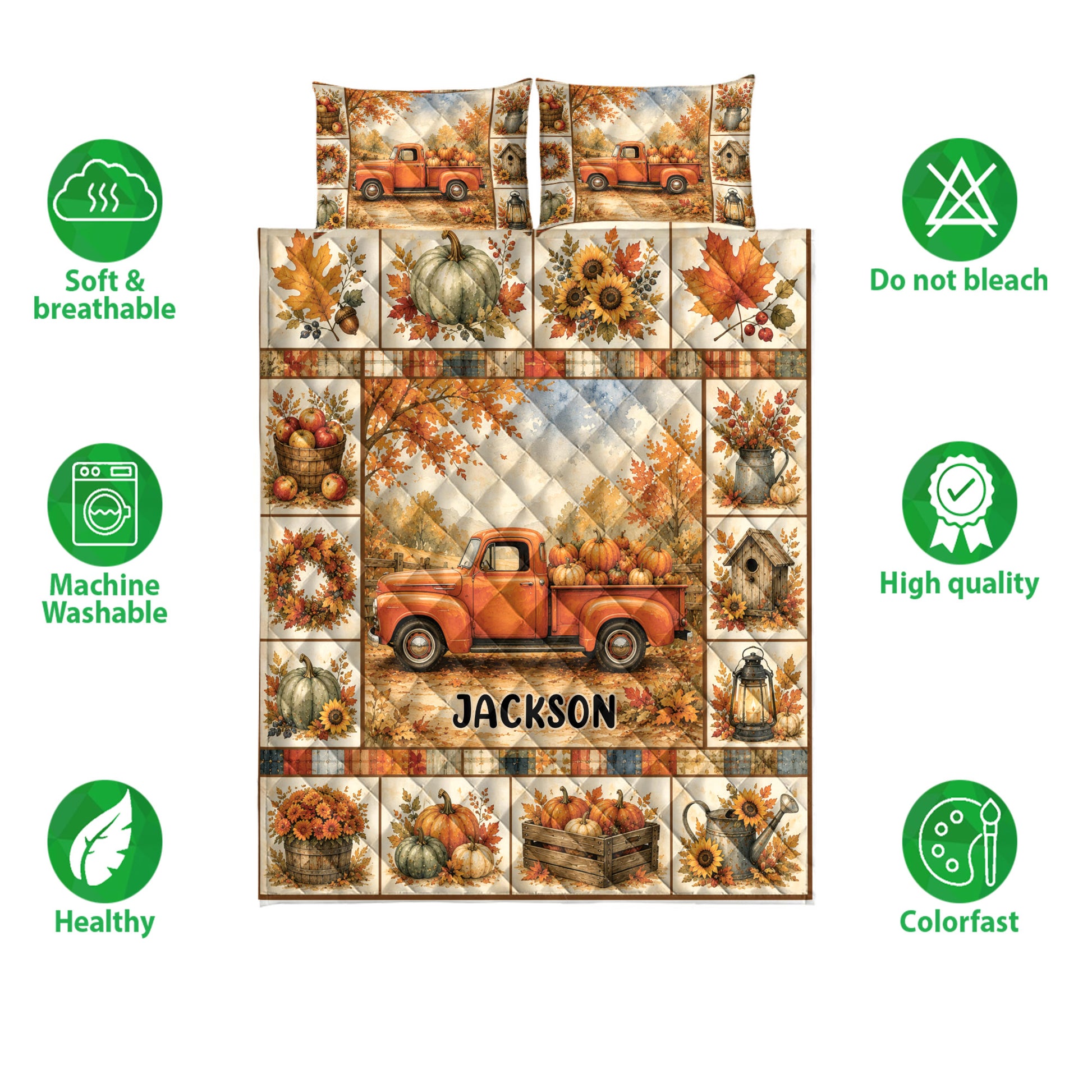 Autumn pickup truck quilt bedding set displayed with pumpkins, sunflowers, harvest leaves, and product feature icons