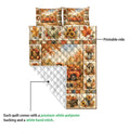 Autumn harvest quilt showing a printed front with vintage truck artwork and a white quilted backing detail