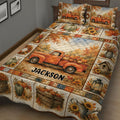 Harvest-themed quilt bedding set with vintage pickup truck, pumpkins, sunflowers, lanterns, and autumn foliage