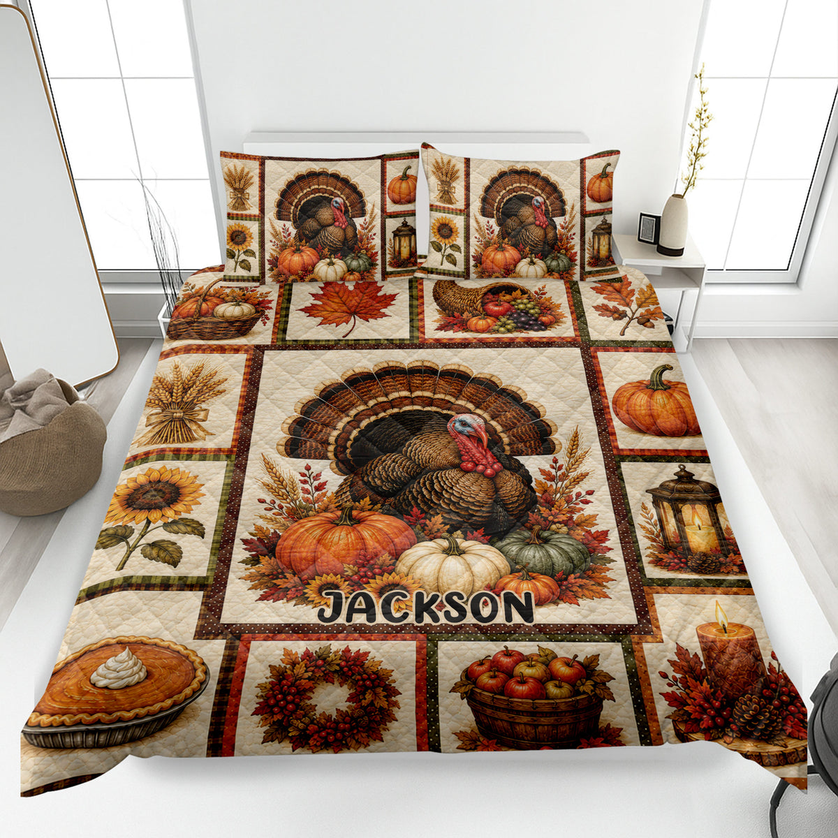 Thanksgiving quilt blanket on a bed with turkey, pumpkins, autumn leaves, harvest fruit, and warm fall artwork