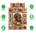 Thanksgiving turkey quilt bedding set displayed with harvest artwork and product feature icons
