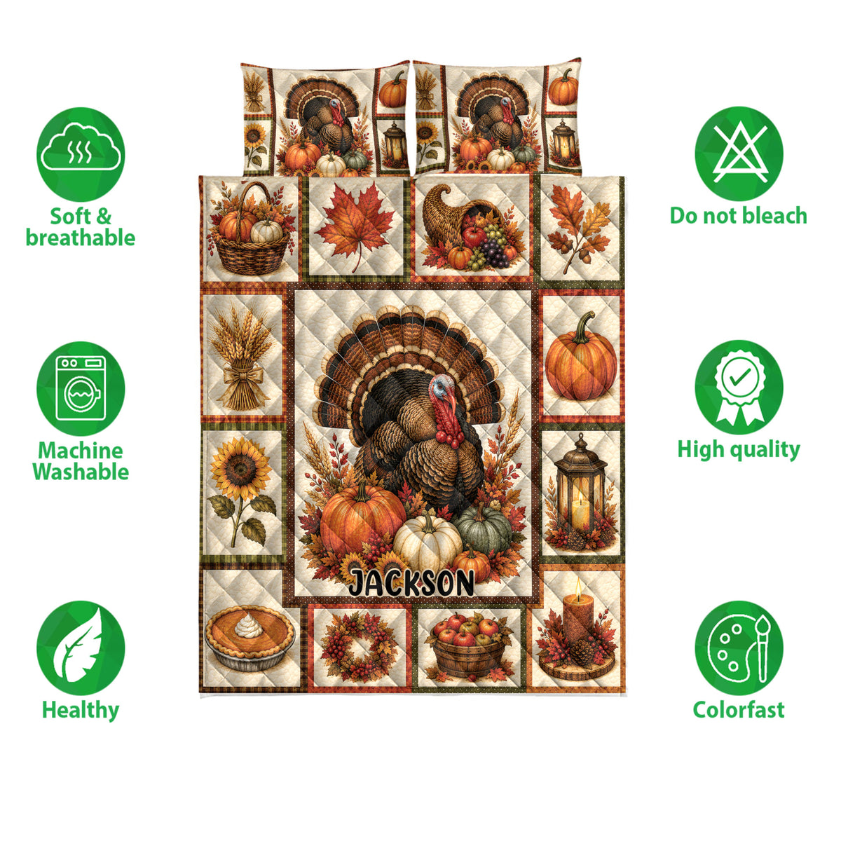 Thanksgiving turkey quilt bedding set displayed with harvest artwork and product feature icons