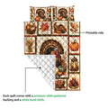 Thanksgiving quilt showing turkey harvest artwork, printed front, and white quilted backing