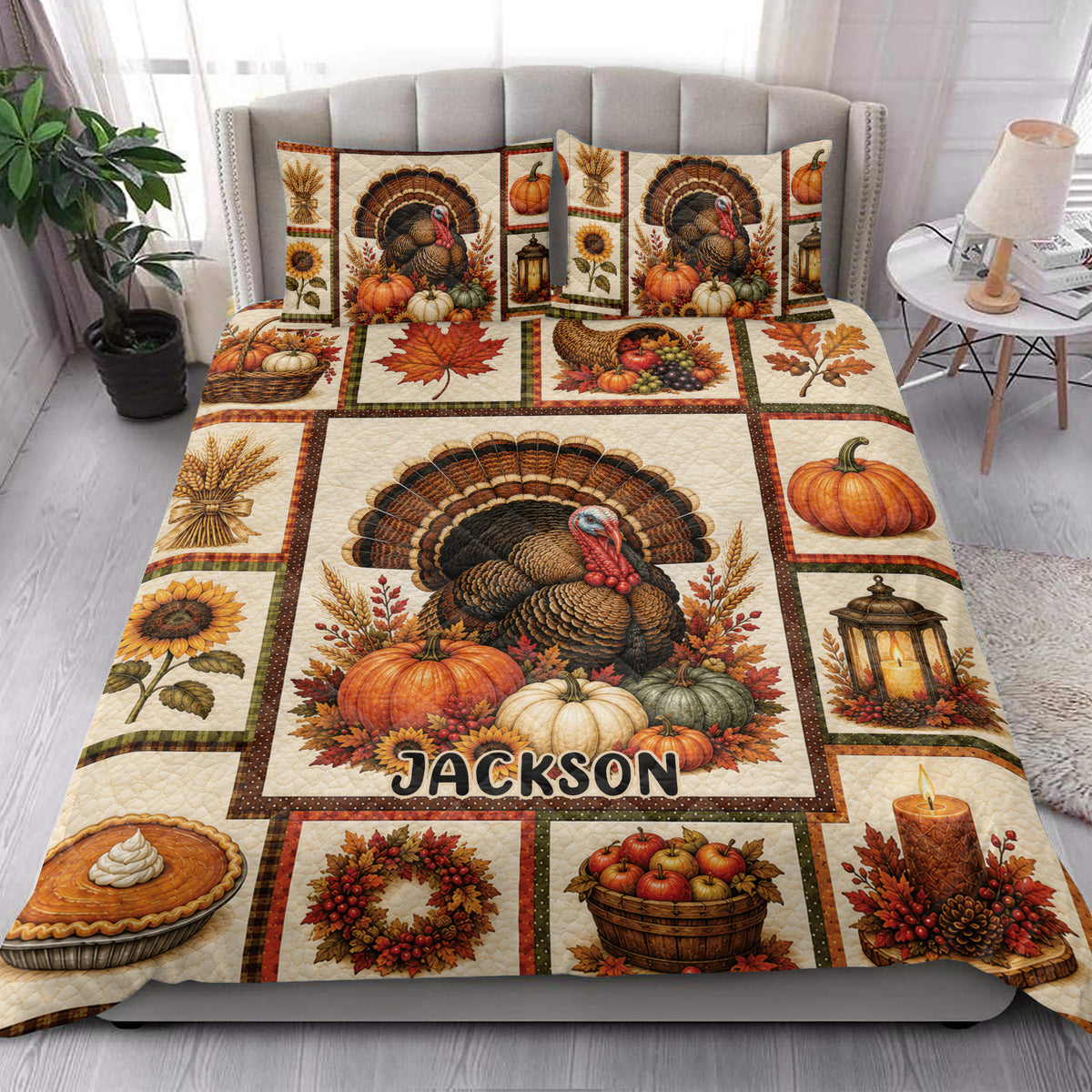 Thanksgiving quilt blanket styled in a bedroom with turkey, pumpkins, sunflowers, and autumn harvest panels