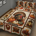 Close view of Thanksgiving quilt blanket with turkey, pumpkins, autumn foliage, fruit, and warm harvest colors