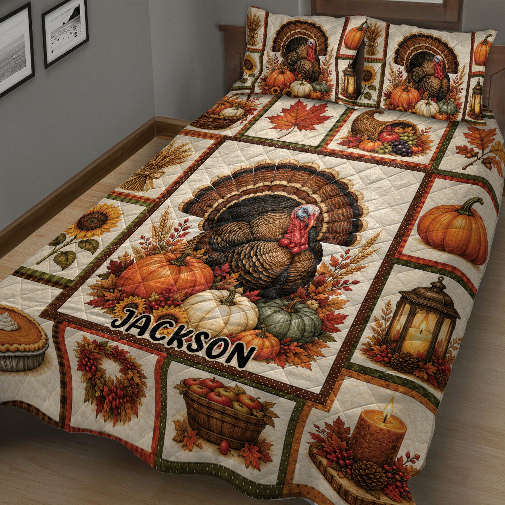 Close view of Thanksgiving quilt blanket with turkey, pumpkins, autumn foliage, fruit, and warm harvest colors