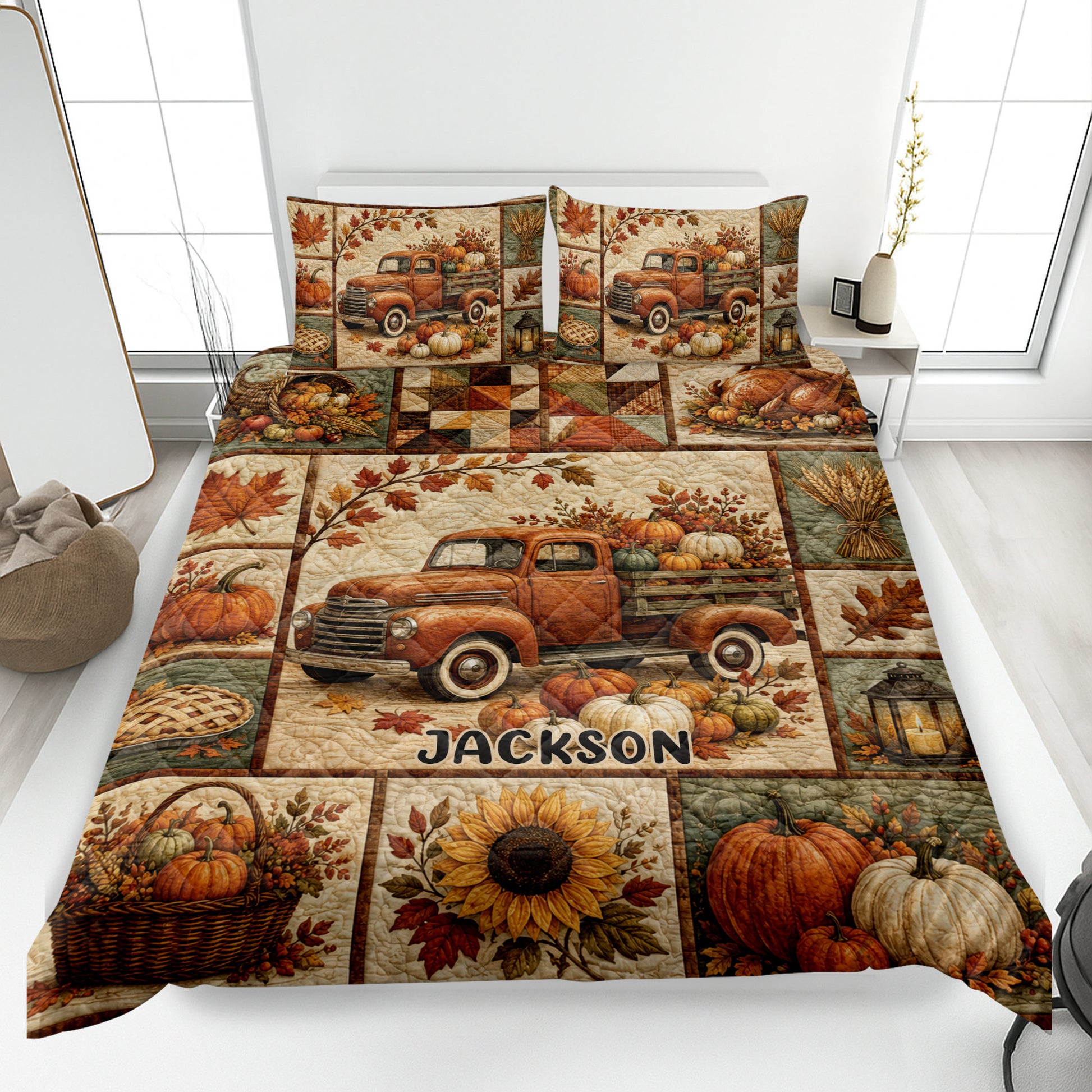 Thanksgiving quilt blanket featuring a vintage pickup truck, pumpkins, autumn leaves, sunflowers, and harvest scenes on a bed