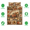 Thanksgiving quilt blanket displayed with vintage truck and harvest artwork, highlighting soft breathable construction and care features