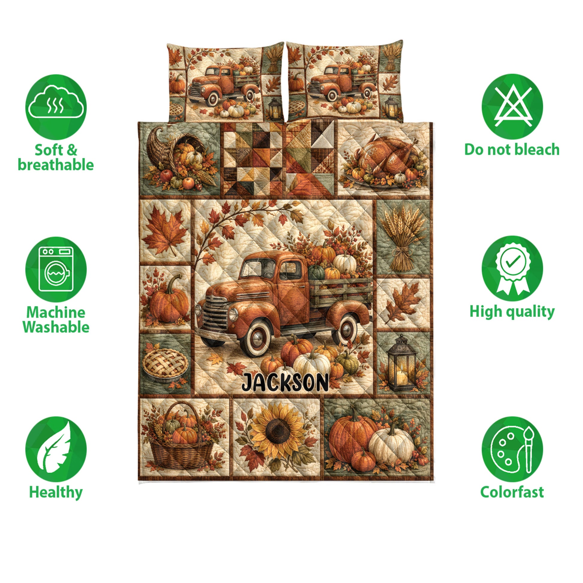 Thanksgiving quilt blanket displayed with vintage truck and harvest artwork, highlighting soft breathable construction and care features