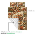 Thanksgiving quilt blanket detail showing printed harvest artwork, quilted white backing, pumpkins, leaves, and vintage pickup truck