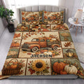 Thanksgiving quilt bedding set styled in a bright bedroom with vintage truck, pumpkin, sunflower, and autumn harvest artwork
