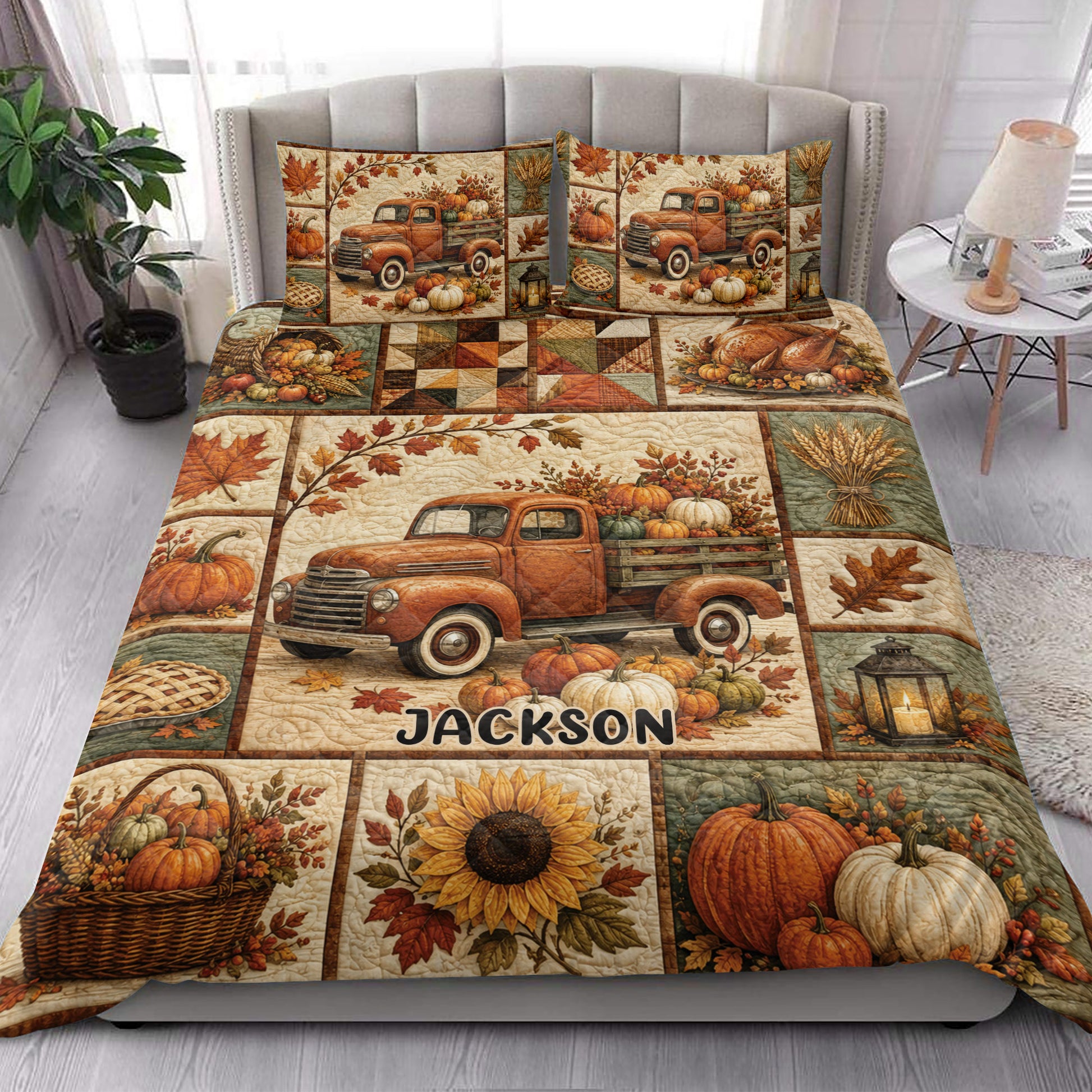 Thanksgiving quilt bedding set styled in a bright bedroom with vintage truck, pumpkin, sunflower, and autumn harvest artwork