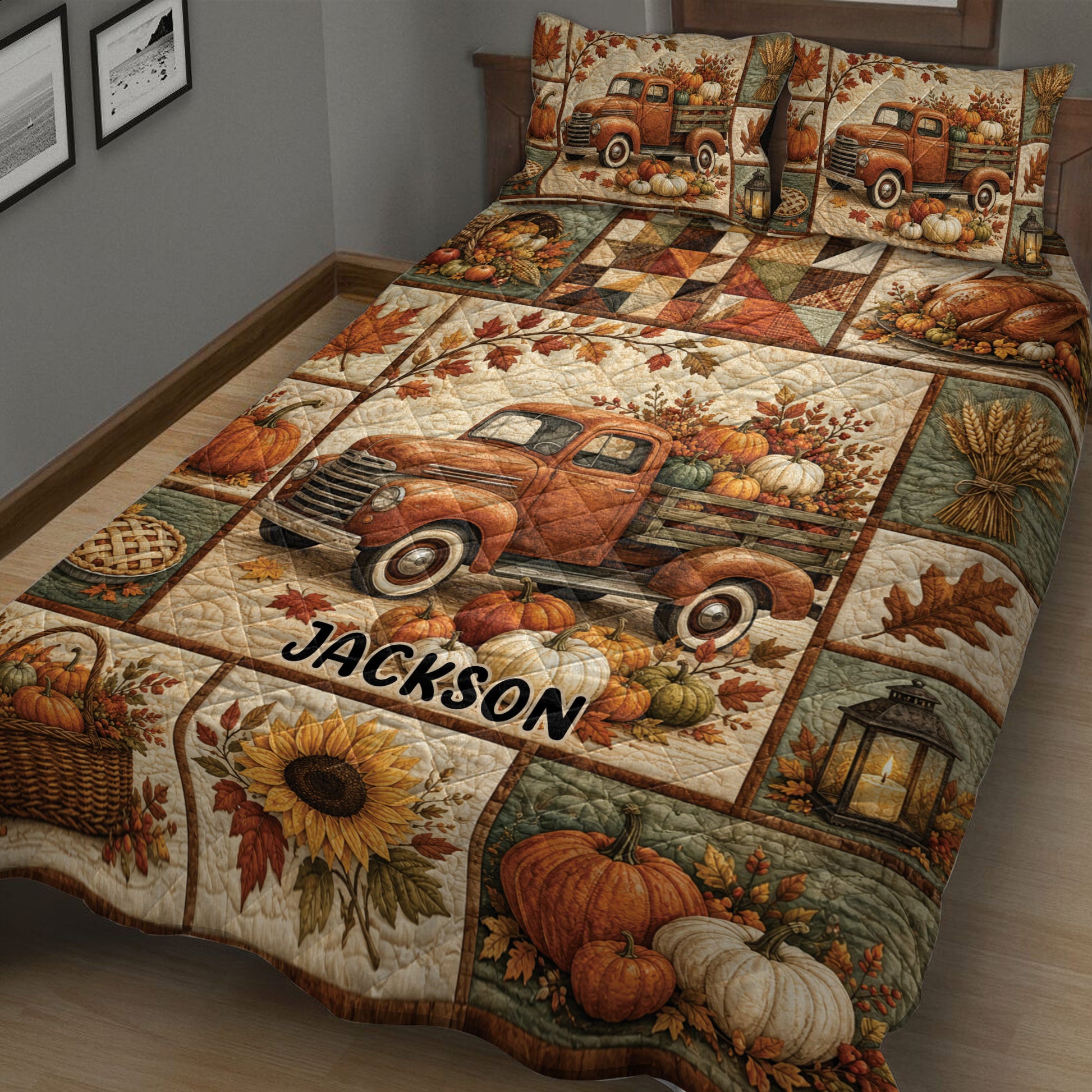 Rustic Thanksgiving quilt blanket on a bed with vintage pickup truck, pumpkins, pie, wheat, autumn leaves, and harvest colors