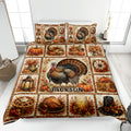 Thanksgiving quilt blanket displayed on a bed with turkey, pumpkins, autumn leaves, harvest foods, and fall artwork