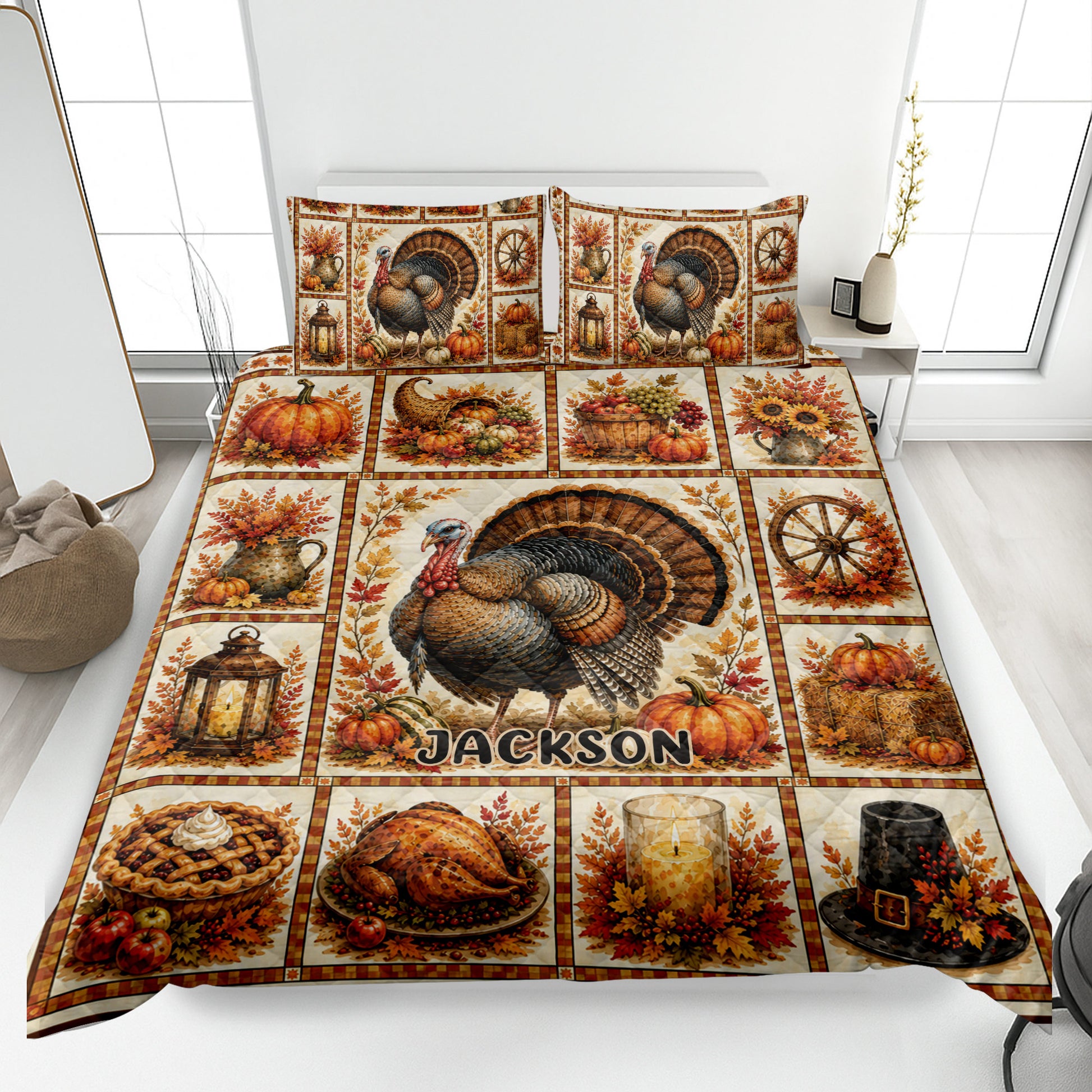 Thanksgiving quilt blanket displayed on a bed with turkey, pumpkins, autumn leaves, harvest foods, and fall artwork