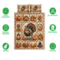 Thanksgiving quilt bedding set shown with turkey and harvest artwork alongside softness, washability, and color care icons