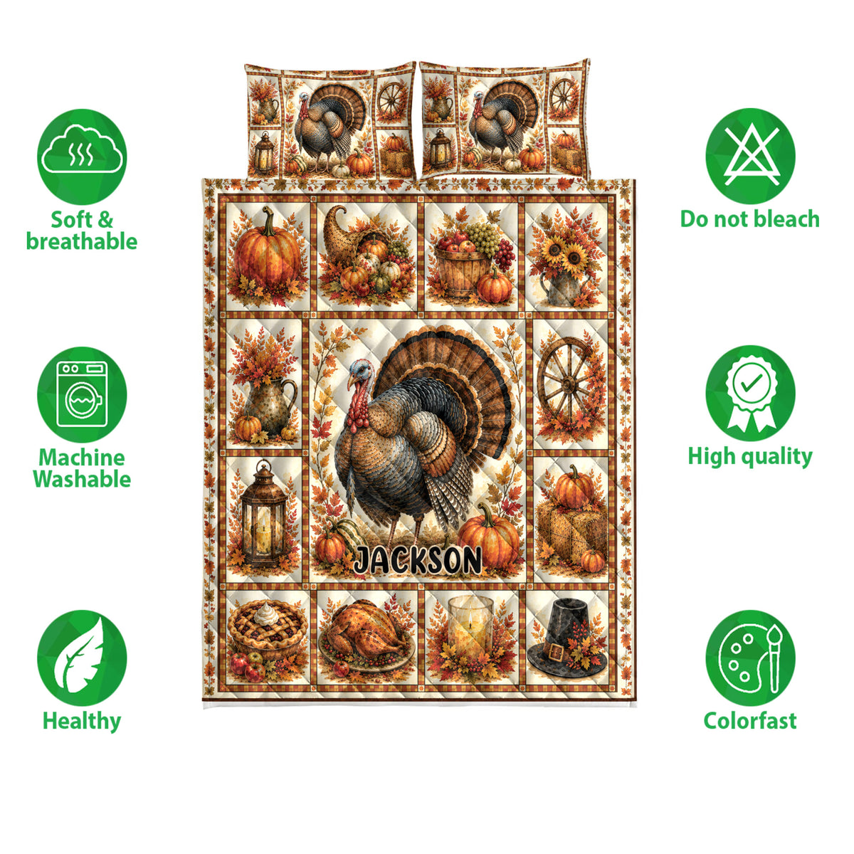 Thanksgiving quilt bedding set shown with turkey and harvest artwork alongside softness, washability, and color care icons